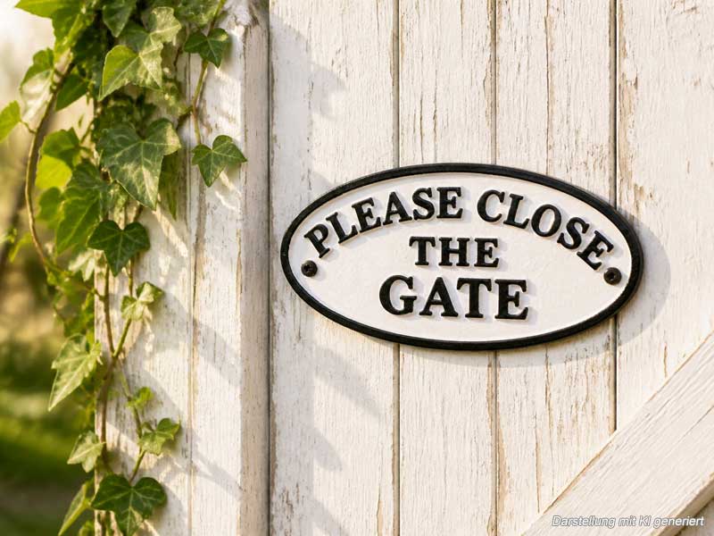 Ovales, antik wirkendes Schild "Please close the Gate" 18x9cm Aluguss