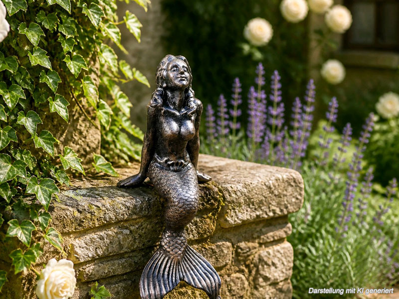 Gusseiserne Figur "Meerjungfrau" 25cm Höhe Kantenhocker schwarz-bronze