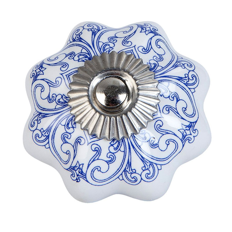 Nostalgischer Keramik Möbelknopf "Ornamentmuster blau-weiß"