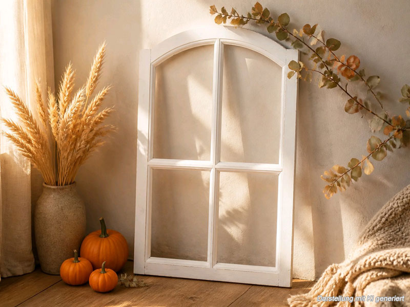 05) Deko Holzfenster mit Stichbogen & Sprossen 50x78cm "Shabby weiß" Fensterrahmen