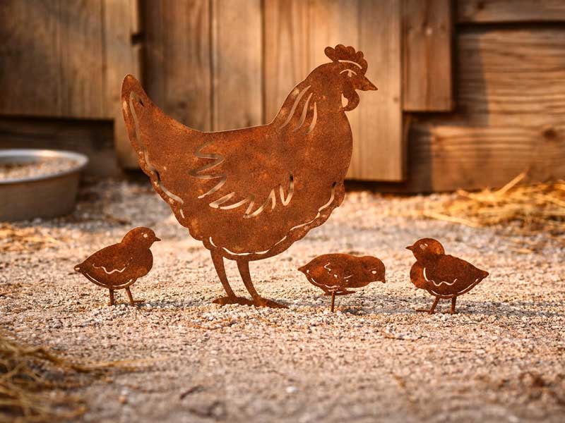 4er Beetfiguren-Set "Huhn mit Küken" zum Stecken mit Edelrostpatina