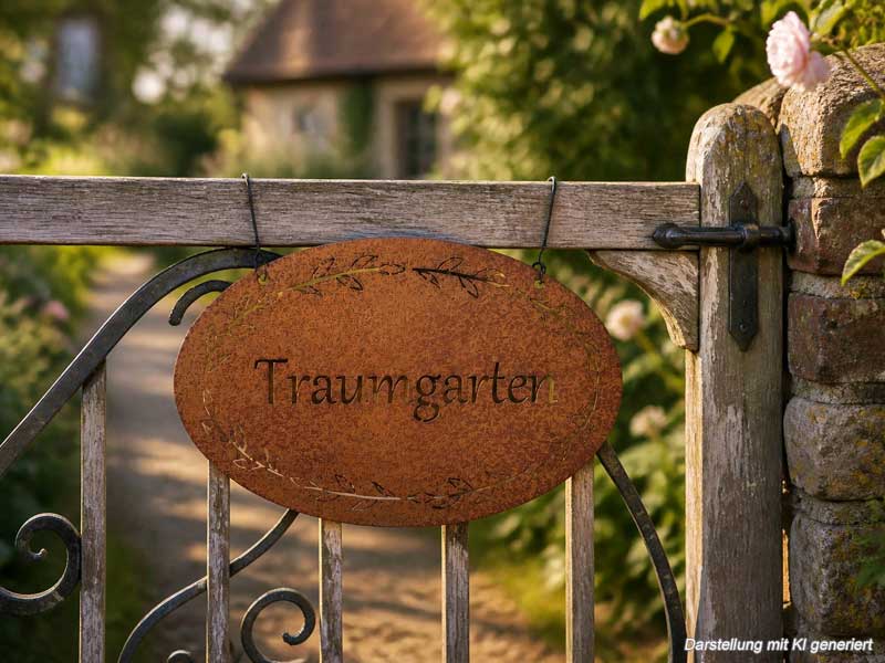 Ovales Edelrost-Schild "Traumgarten" 18x11cm aus Metall