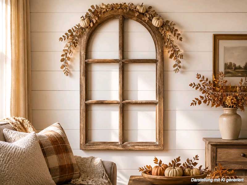 01) Deko Holzfenster mit Rundbogen & Sprossen 42x70cm "Landhaus braun" Fensterrahmen