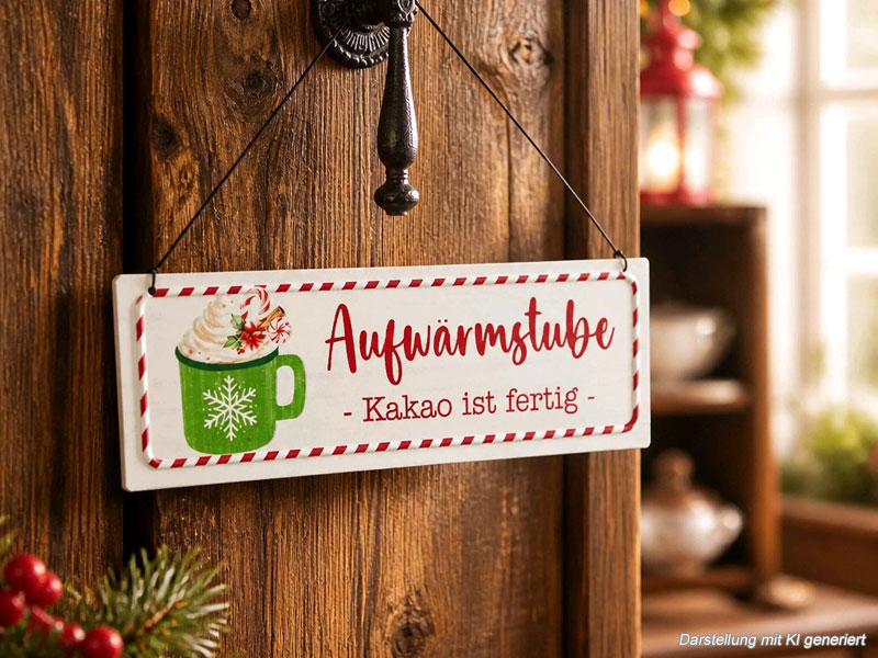 Weihnachtliches Hängeschild "Aufwärmstube -Kakao ist fertig-" aus Metall 30cm breit