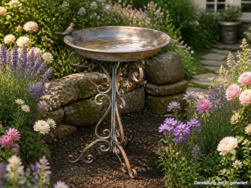 Große Stand-Vogeltränke Vogelbad "Vögelchen" 69cm hoch Aluminiumguss