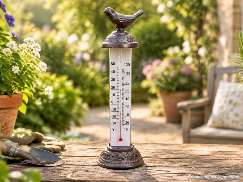 Thermometer zum Stellen "Vögelchen" Gusseisen 25cm hoch