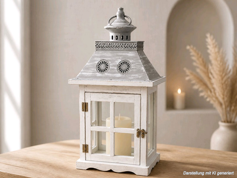 Shabby Chic Holz-Laterne 47cm hoch mit Tür & Metalldach