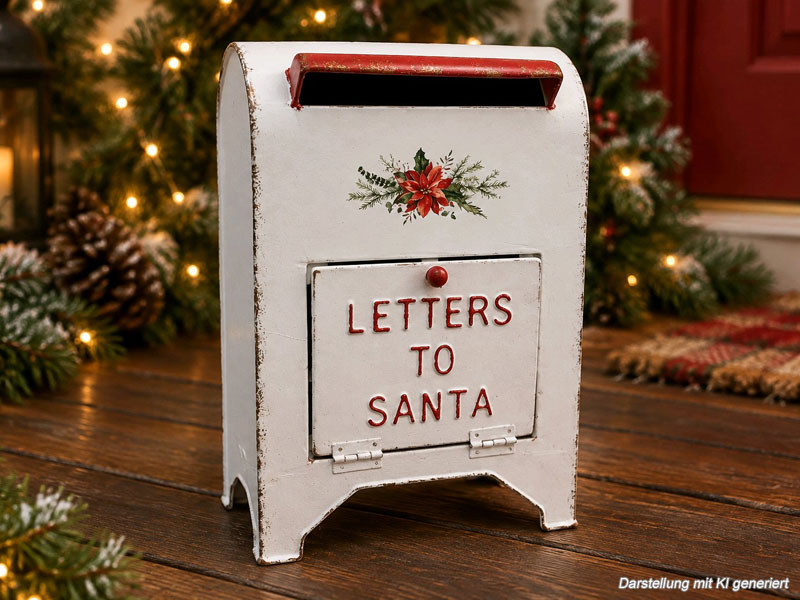 Weihnachts-Briefkasten rot-weiß "Letters to Santa" 30cm hoch freistehend aus Metall