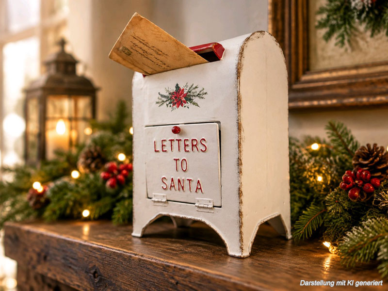 Weihnachts-Briefkasten rot-weiß "Letters to Santa" 30cm hoch freistehend aus Metall