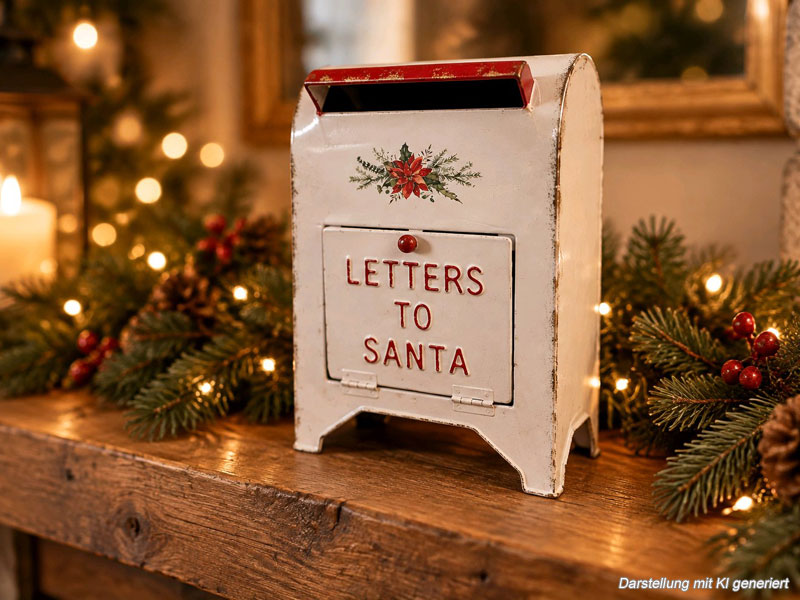Weihnachts-Briefkasten rot-weiß "Letters to Santa" 30cm hoch freistehend aus Metall