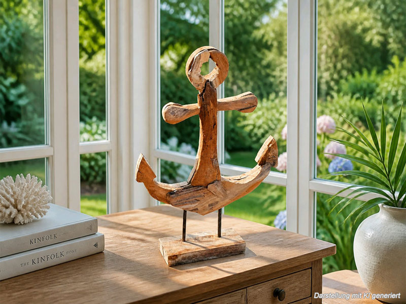 Handgefertigter Deko Anker aus recyceltem Teakholz 54cm auf Standfuß