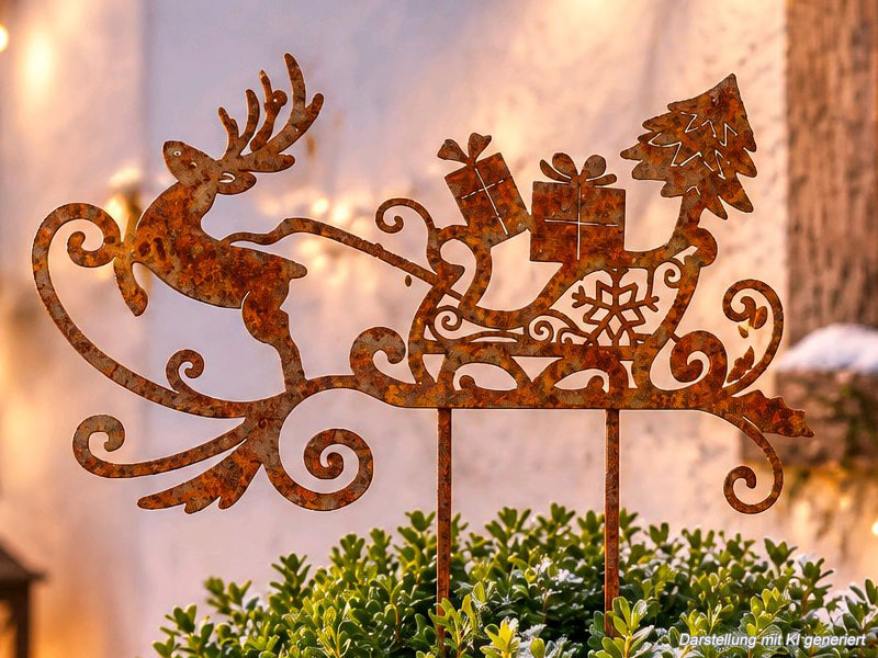 Edelrost "Rentier mit Schlitten" 27x18cm Weihnachtsdeko zum Stecken