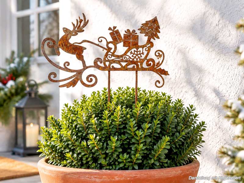 Edelrost "Rentier mit Schlitten" 27x18cm Weihnachtsdeko zum Stecken