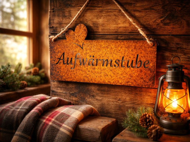 Edelrost Hängeschild mit Herzchen "Aufwärmstube" 19x10cm
