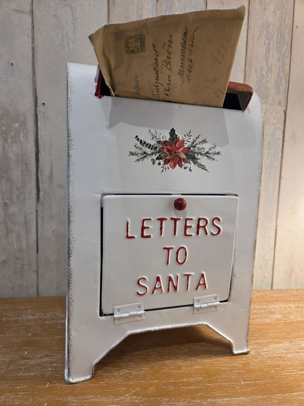 Weihnachts-Briefkasten rot-weiß "Letters to Santa" 30cm hoch freistehend aus Metall