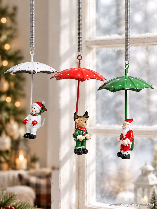 3er Set "Schneemann - Rentier - Santa" mit fliegendem Regenschirm