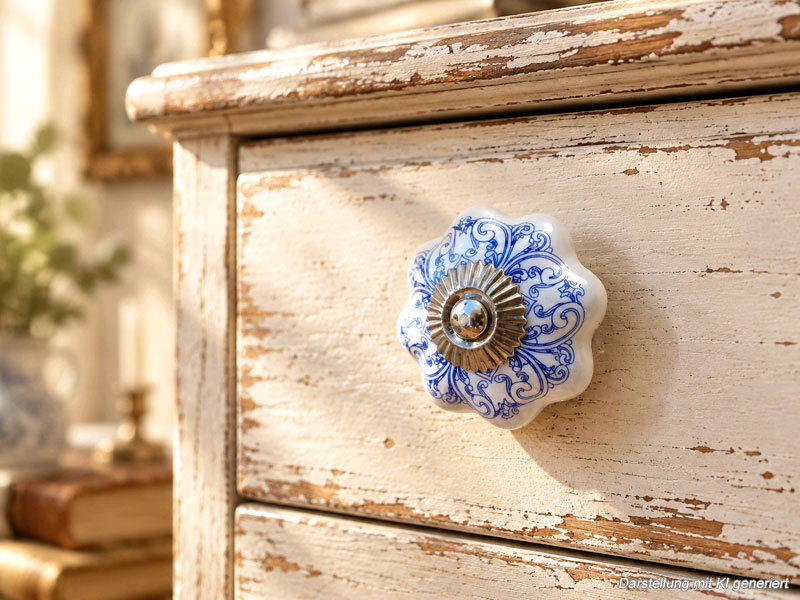 Nostalgischer Keramik Möbelknopf "Ornamentmuster blau-weiß"