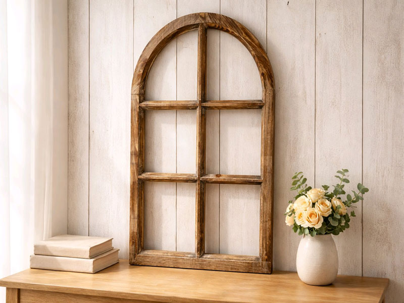 01) Deko Holzfenster mit Rundbogen & Sprossen 42x70cm "Landhaus braun" Fensterrahmen