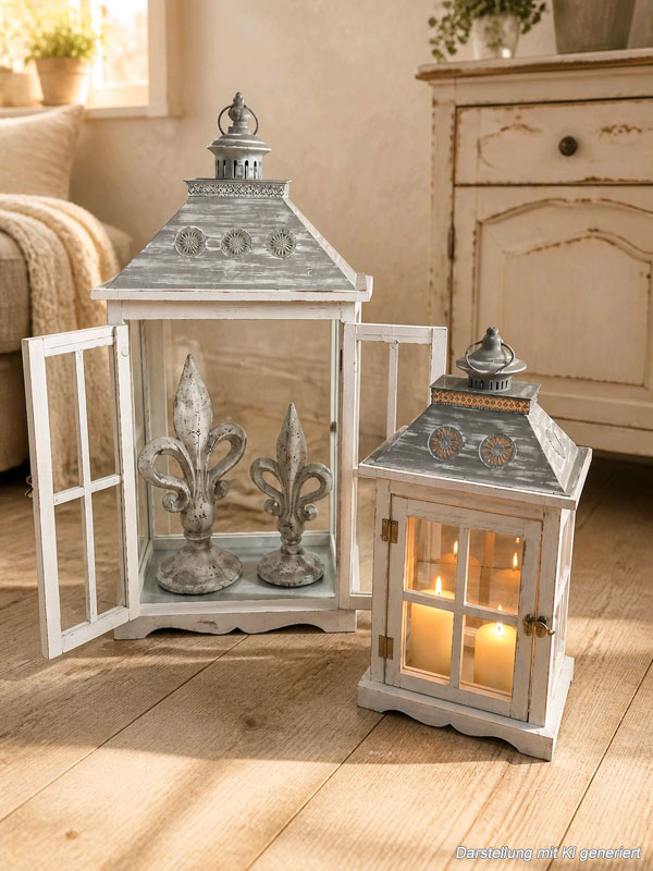 Große Shabby Chic Holz-Laterne 71cm hoch mit Doppel-Tür & Metalldach