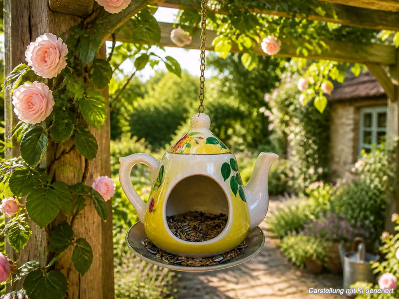 Vogelfutterstation "Teekanne" Blumen-Motive Keramik