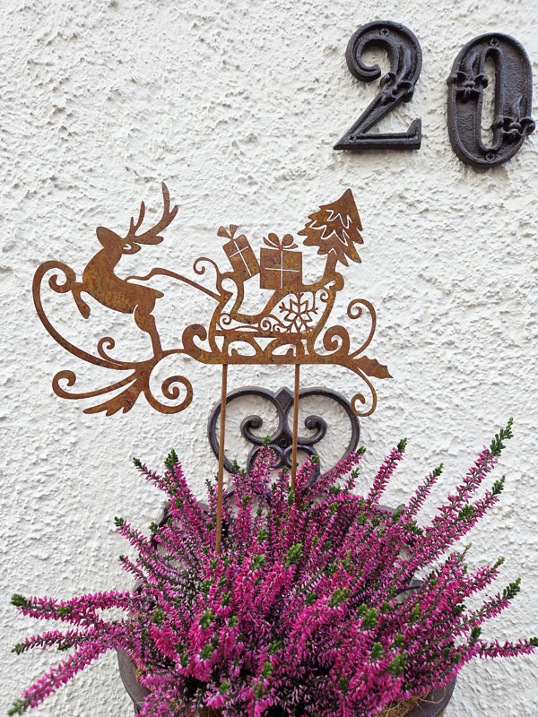 Edelrost "Rentier mit Schlitten" 27x18cm Weihnachtsdeko zum Stecken