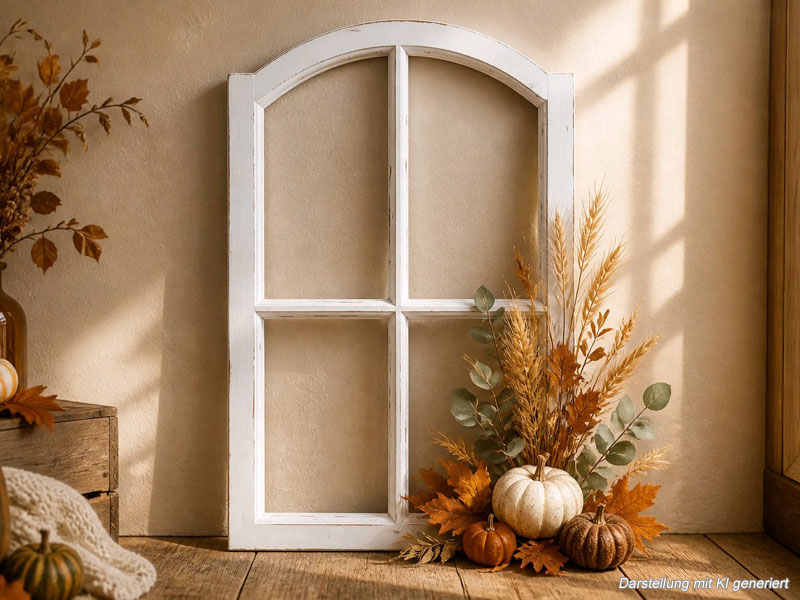 05) Deko Holzfenster mit Stichbogen & Sprossen 50x78cm "Shabby weiß" Fensterrahmen
