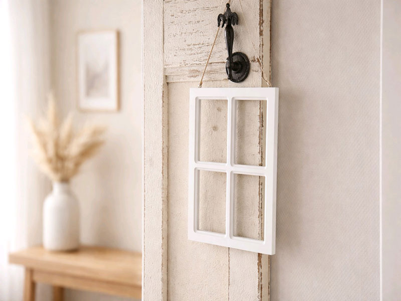 Kleines, weißes Deko Fenster 18x30cm zum Hängen aus Holz im Shabby Chic