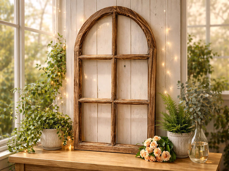 01) Deko Holzfenster mit Rundbogen & Sprossen 42x70cm "Landhaus braun" Fensterrahmen