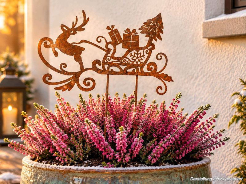 Edelrost "Rentier mit Schlitten" 27x18cm Weihnachtsdeko zum Stecken