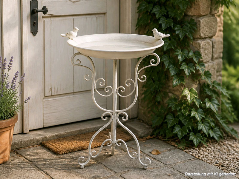 Große Stand-Vogeltränke Vogelbad "2 Vögelchen" Altweiß 70cm hoch Aluminiumguss