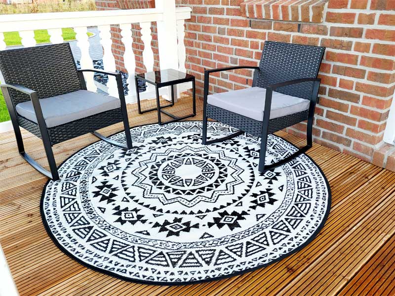 Runder Gartenteppich Ø176cm Wendeteppich schwarz/weiß