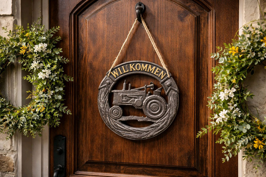 Schild hängend "Willkommen" mit Traktormotiv Gusseisen
