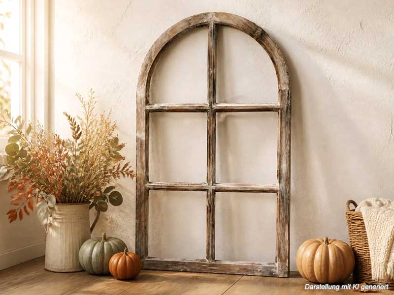 01) Deko Holzfenster mit Rundbogen & Sprossen 42x70cm "Landhaus braun" Fensterrahmen