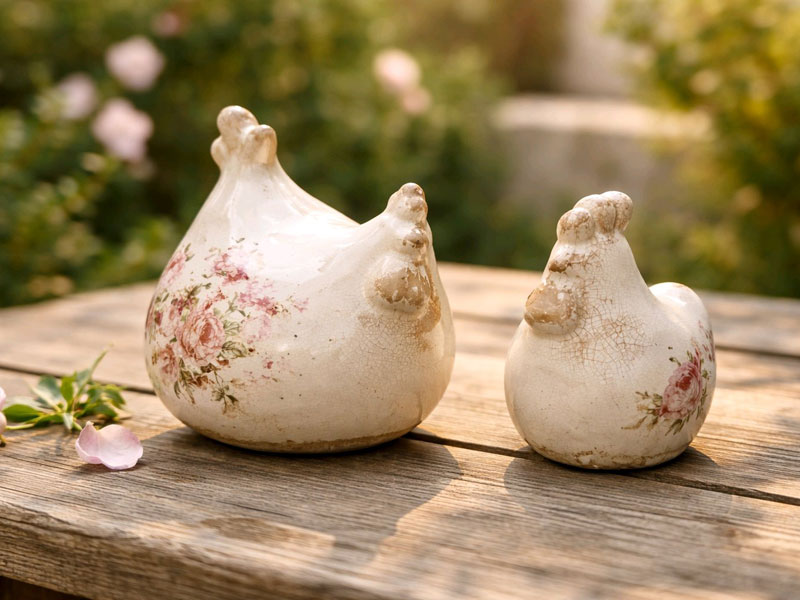 2er Set Keramik Hühner "Rosen" Osterdeko
