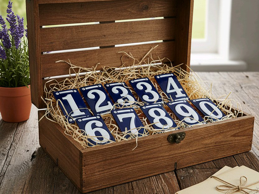 Nostalgische Emaille Hausnummern "blaue Emaille" 0-9