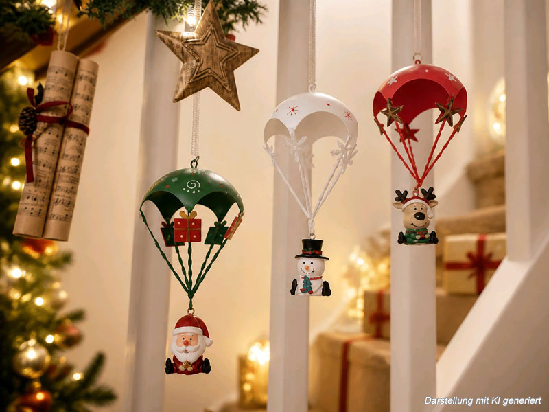3er Set Weihnachts-Fallschirmspringer "Schneemann - Rentier - Santa" Metall