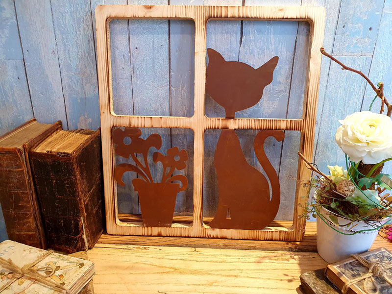 Deko Holzfenster geflammt "Katze" 41x45cm Edelrost