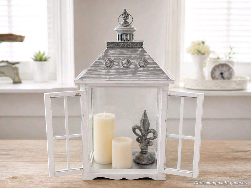 Große Shabby Chic Holz-Laterne 71cm hoch mit Doppel-Tür & Metalldach
