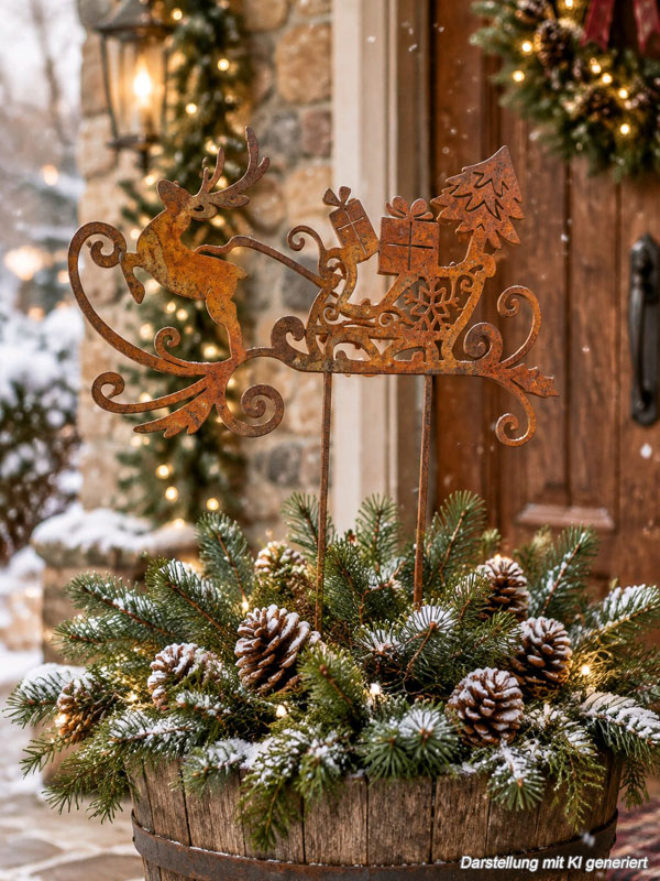 Edelrost "Rentier mit Schlitten" 27x18cm Weihnachtsdeko zum Stecken