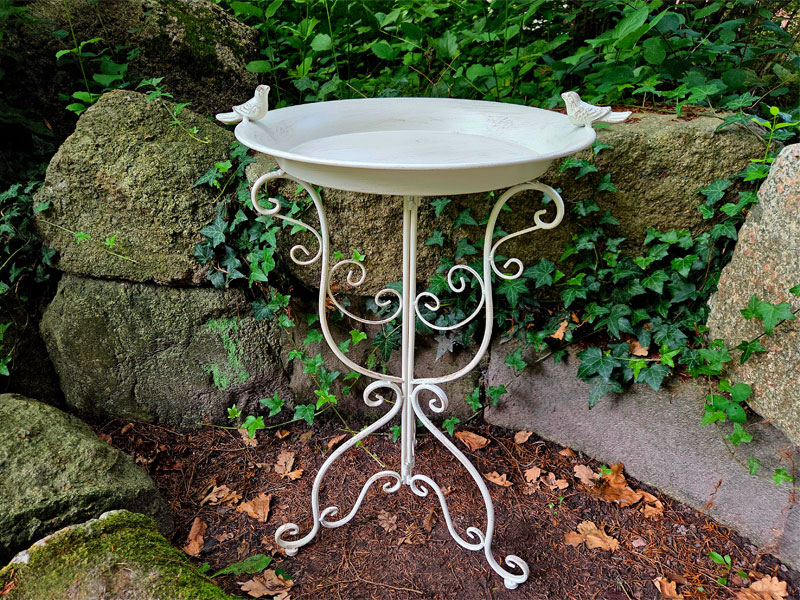 Große Stand-Vogeltränke Vogelbad "2 Vögelchen" Altweiß 70cm hoch Aluminiumguss