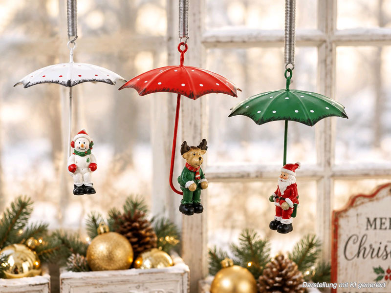 3er Set "Schneemann - Rentier - Santa" mit fliegendem Regenschirm